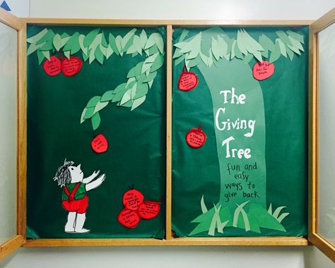 Resident Assistant Bulletin Board based off "The Giving Tree" by Shel Silverstein... Ways to give to the community #RA #giving #bulletinboard #residencelife The Giving Tree Bulletin Board Ideas, The Giving Tree Door Decoration, Giving Tree Bulletin Board Ideas, Giving Tree Bulletin Board, The Giving Tree Bulletin Board, Literacy Bulletin Boards, Pta Bulletin Boards, Dorm Bulletin Boards, Bulletin Board Tree