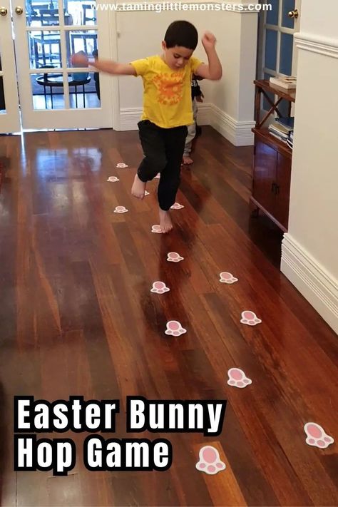 Easter Bunny Hop game. A fun way for toddlers and preschoolers to burn off some extra energy. Perfect for developing gross motor skills this Easter. #easter #grossmotor #toddler #preschool Gross Motor Activities For Kids, Bunny Activities, Easter Games For Kids, Easter Lessons, Play Printables, Gross Motor Activity, Play Based Learning Activities, Easter Week, Ideas For Preschoolers