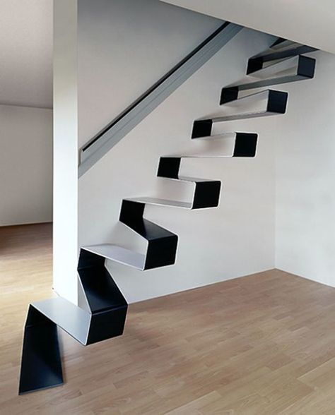 Black And White Stairs | Love this alto it'll prob take a long time to get used to it. Looks kinda scary and I def wouldn't be running up these stairs. Hiasan Bilik Tidur, Escalier Design, Floating Stairs, Floating Staircase, Modern Stairs, Interior Stairs, Modern Staircase, Remodel Bedroom, Room Interior Design