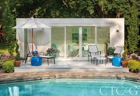 How An Industrial Shipping Container Was Transformed Into a Luxury Pool House - Cottages & Gardens Container Pool House, Modern Pool Cabana, Shipping Container Pool House, Luxury Pool House, Pool House Ideas, Shipping Container Swimming Pool, Pool Funny, Shipping Container Pool, Container Pool