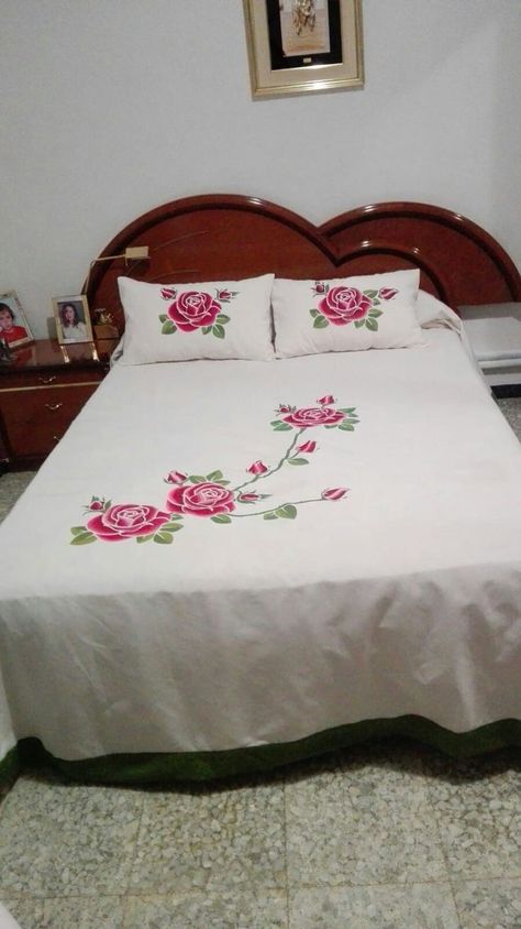 Hand embroidery design for bedsheets simple rose flowers creative work Hand Embroidery Designs For Bedsheets, Simple Bed Sheets, Draps Design, Bed Sheet Painting Design, Flowers Creative, Tie Dye Bedding, Saree Painting Designs, Bed Cover Design, Designer Bed Sheets