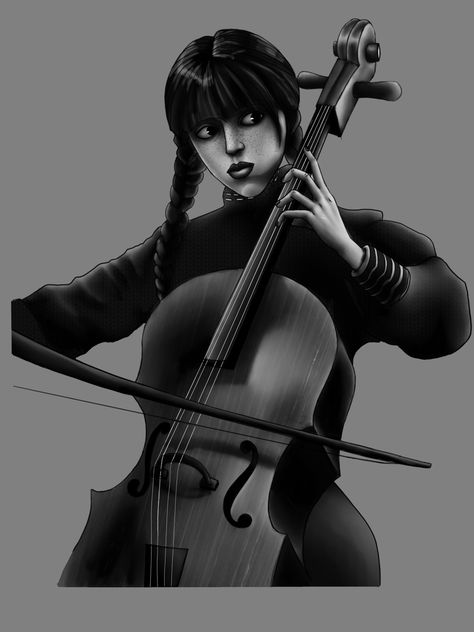 Wednesday Addams playing the cello, black and white version Black Cello, Cello Black, Violin Drawing, Cello Art, Surreal Tattoo, Cello Music, Collage Book, Follow On Instagram, Addams Family