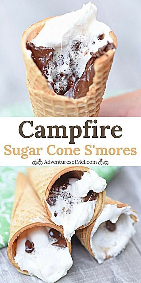 Campfire Smores, Campfire Desserts, Smores Dessert, Smore Recipes, Smores Cupcakes, Camping Desserts, Sugar Cones, Kids Camping, Easy Camping Meals