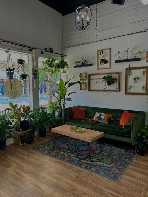 house plants, a green couch with cute lil orange pillows, and plant picture frames / hanging plants on the wall of this coffee shop like how cute Green Couch Orange Pillows, Coffee Shop Couch, Green Couch Aesthetic, Hippie House Aesthetic, Plant Coffee Shop, Plants On The Wall, Dark Green Couches, Olive Green Couches, Green Couch Living Room