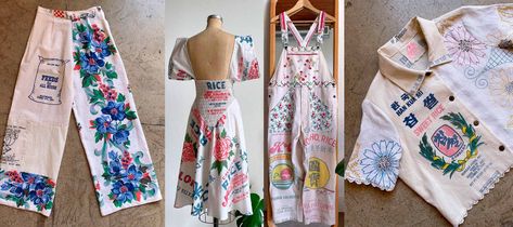 Upcycled Tablecloths, Flour Sack Dress, Waste Clothes Ideas Fabrics, Flour Sack Clothes, Eco-friendly Upcycled Canvas Bag, Eco-friendly Upcycled Bags From Recycled Materials, Vintage Flour Sacks, Vintage Apron Pattern, Sack Dress