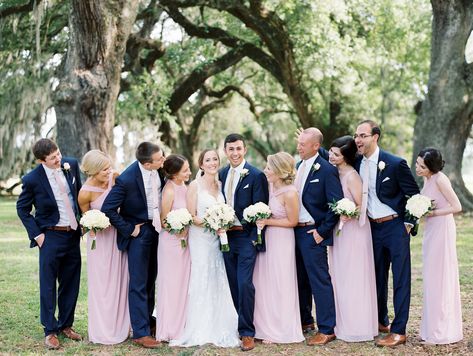 Navy Groomsmen Pink Bridesmaids, Pink Bridesmaid Dresses With Groomsmen, Groom Suit Summer, Baby Pink Bridesmaids Dresses, Pink Groomsmen, Bridesmaid Dresses Navy, Navy Groomsmen, Light Pink Bridesmaids, Blue Groomsmen