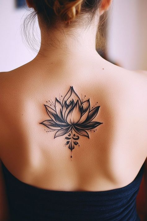 Lotus Cover Up Tattoo For Women, Flower Roots Tattoo, Small Feminine Back Tattoos, Lotus Flower Tattoo On Back, Interesting Tattoos For Women, Unique Lotus Flower Tattoo, Lotus Cover Up Tattoo, Lotus Tattoos For Women, Lotus Hand Tattoo