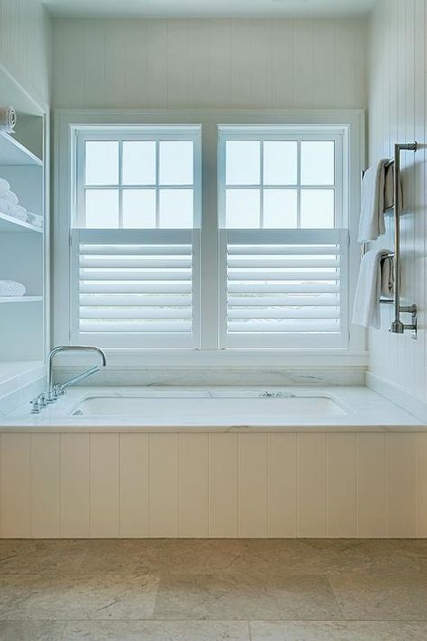 Drop In Tub with White Shiplap Trim - Cottage - Bathroom Bathtub Tile Surround, Shiplap Trim, White Herringbone Tile, Acrylic Vanity, Bathtub Shower Combo, Built In Bathtub, Marble Tub, Built In Bath, Drop In Tub