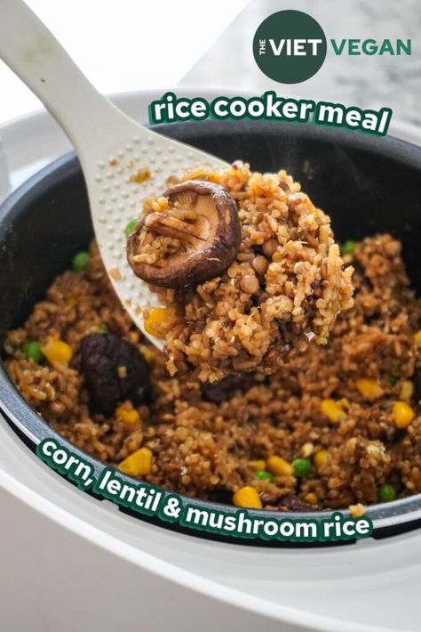 Mushroom Rice Cooker Meal with quinoa, corn and lentils - The Viet Vegan Rice Cooker Recipes Vegetarian, Cuckoo Rice Cooker, Quinoa In Rice Cooker, Corn Quinoa, Lentil Mushroom, Quinoa Lentil, Lentils And Quinoa, Mushroom Rice, Rice Cooker Recipes