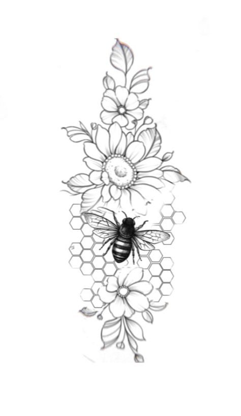 Honey Bee Tattoo Sleeve, Honey Bee On Flower Tattoo, Honeycomb With Flowers Tattoo, Add On Tattoo Ideas Thigh Piece, Honey Comb Tattoo With Flowers, Flower Bee Tattoo Sleeve, Chrysanthemum And Bee Tattoo, Floral Bumblebee Tattoo, Bee Tattoos For Women Sleeve