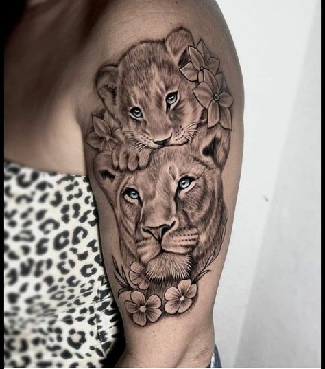 Mother Son Animal Tattoo, Momma Lion Tattoo, Mother Lion And Cub Tattoo, Momma Lion And Cub Tattoo, Lion And Cubs Tattoo For Women, Lioness With Cubs Tattoo, Mom Lion And Cub Tattoo, Lion Family Tattoo For Women, Lioness And Cubs Tattoo Mothers