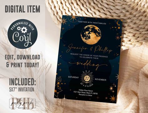 Editable Celestial Wedding Invitation, Moon Wedding, Galaxy, Rustic Starry Night Wedding, Digital, Instant Download by PartyPeekBoutique on Etsy Celestial Wedding Invitations, Starry Night Wedding, Moon Wedding, Celestial Wedding, Night Wedding, Wedding Prints, Gift Labels, Wedding Item, Wedding Night