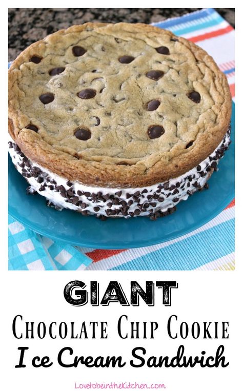 Giant Chocolate Chip Cookie Ice Cream Sandwich - Love to be in the Kitchen Ice Cream Cookie Cake, Cookie Ice Cream Sandwich, Ice Cream Sandwiches Recipe, Cookie Ice Cream, Ice Cream Sandwich Cake, Giant Chocolate Chip Cookie, Ice Cream Cake Recipe, Ice Cream Cookie Sandwich, Giant Chocolate