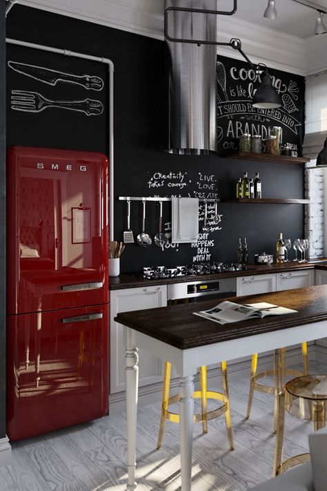 TEN Six Chalkboard Kitchen, Cactus Jack, Red Kitchen, Retro Kitchen, Apartment Living, Home Decor Kitchen, Interior Design Kitchen, Home Decor Bedroom, House Inspiration