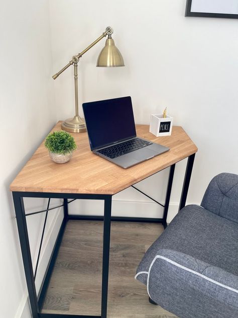 Oak Office Corner Desk | Etsy UK Desks Small Spaces, Angle Desk Ideas, Minimalist Corner Desk, Corner Desk Inspiration, Corner Desk Ideas Bedrooms, Editing Desk, Home Work Station, Working Tables, Office Corner Desk