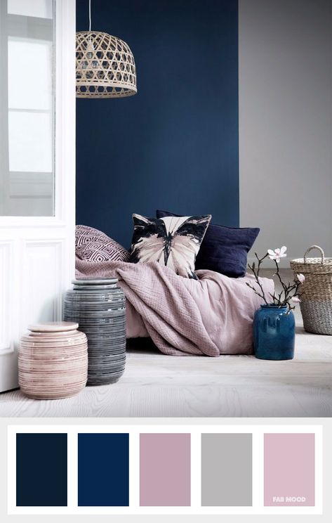 Navy blue + mauve and grey color palette - Colours that inspire creativity { Beautiful Color Palettes for home color ideas,grey navy blue and mauve colors Small Bedrooms, Living Room Color Schemes, Room Color Schemes, Bedroom Color Schemes, Blue Bedroom, Remodel Bedroom, Blue Walls, Beautiful Bedrooms, Bedroom Colors