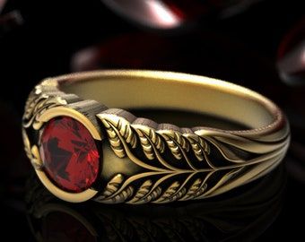 DoveAndBunting | Etsy Ruby Male Wedding Ring, Ruby Rings For Men, Ruby Ring Designs For Men, Stone Rings For Men Gold, Forest Wedding Ring, Antique Mens Rings, Leaves Engagement Ring, Ruby Ring Designs, Ring Gold Engagement