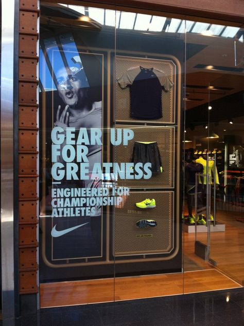 Nike Gear Up For Greatness - Engineered for champion athletes retail sports window display. Sports Window Display, Nike Retail, Window Display Retail, Cheap Nike Shoes, Retail Signage, Nike Gear, Cabinet Medical, Window Display Design, Retail Inspiration