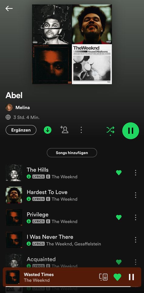 The Weeknd Playlist; Spotify Screenshot: The Hills,  Hardest to Love, Privilege, I was never there, Acquainted, ... The Weeknd Playlist, Weeknd Spotify, Abel The Weeknd, Spotify Playlists, Hard To Love, Spotify Playlist, The Weeknd, Music Playlist, Link In Bio