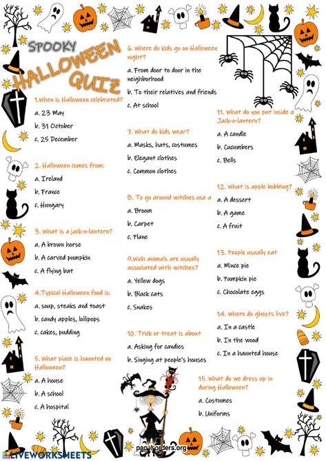 Halloween Quiz - Interactive worksheet Halloween Quiz For Kids, Halloween Kids Worksheets, Halloween Activities For Kids Elementary, Esl Halloween Activities, Halloween Ideas For Classroom, Halloween Exercises For Kids, Halloween Esl Activities, Halloween Lesson Plans Elementary, Halloween English Worksheets