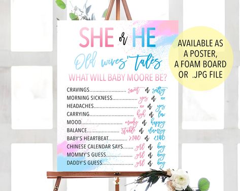 "Watercolor Gender Reveal Sign, Watercolor Old Wives Tale Sign, Gender Predictions Sign, He or She Watercolor Gender Chart, Old Wives Chart Welcome! Please read below for ordering instructions or see our \"FAQ\" section at the bottom of the page for helpful information! See all matching items in this design here: https://www.etsy.com/shop/qtpaperie/items?search_query=GR-006 THE INFO - This listing is for (1) one printed OR printable faux old wives tales sign to compliment your theme.  - Design is available as printed & shipped foam boards, posters, OR a PDF file you can print yourself! - All colors, graphics & fonts remain as is. Please message me prior to purchase to discuss any changes you'd like made to this sign. Extensive design and color changes will be subject to an additional fee. Watercolor Gender Reveal, Gender Reveal Chalkboard, Gender Chart, Old Wives Tales, Gender Reveal Signs, Gender Prediction, Old Wives Tale, Wives Tales, Baby Heartbeat