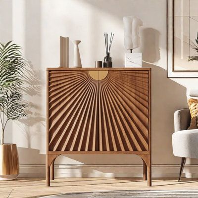 Everly Quinn Color: Brown | Everly Quinn Camani 35.4 Sideboard 39.4 H x 35.4 W x 13.8 D in yellow / Wood in Brown | 39.4" H X 35.4" W X 13.8" D | Wayfair Mid Century Modern Den, Elegant Entryway Ideas, Counseling Decor, Bathroom Pics, Wood Aesthetic, Wall Bench, Mid Century Modern Sideboard, Luxury Sideboard, Elegant Entryway