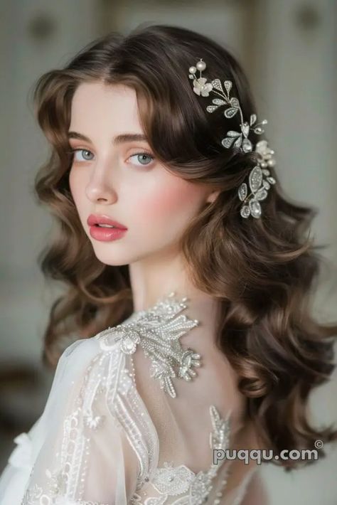 Wedding Hairstyles For Long Face, Soft Romantic Wedding Hair, Angelic Hairstyles, Flower Hairstyles, Vintage Wedding Hairstyles, Angelic Face, Winter Wedding Hair, Bridal Hair Inspiration, Fairy Tale Wedding Dress