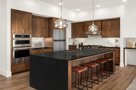 black granite countertops - Google Search Dark Granite Countertops, Black Pearl Granite, Black Kitchen Countertops, Leather Granite, Dark Countertops, Black Granite Countertops, Black Countertops, Brown Cabinets, Granite Countertops Kitchen