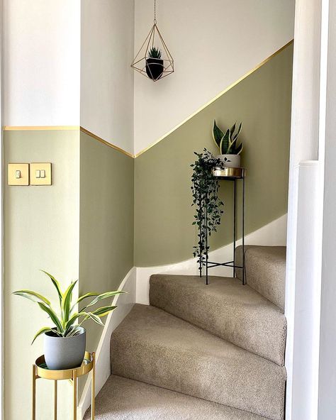 M E G A N on Instagram: “Details ✨🌿 Our hallway/stairs have a new look! Not quite finished but big improvement from just plain white walls. I’m thinking of maybe…” Paint For Stairway Walls, Hall Stairs And Landing Ideas Paint Colors, Hall Stairs And Landing Decor Paint Colors, Green Hallway Paint, Bedroom Hallway Ideas, Hall Stairs And Landing, Edwardian Hallway, Decorating Stairway Walls, Moody Paint