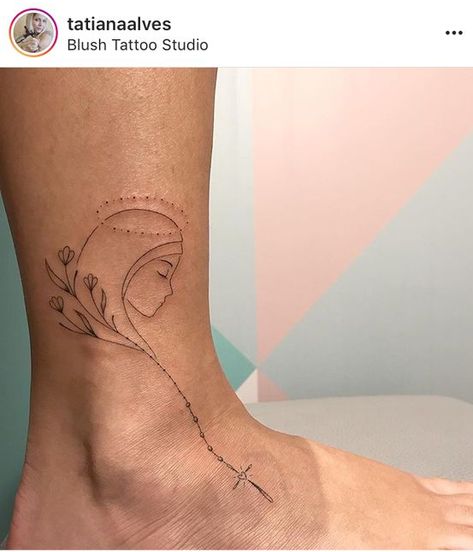 Cross With Circle Tattoo, Simple Mary Tattoo, Feminine Virgin Mary Tattoo, Mini Virgin Mary Tattoo, Virgen Mary Tattoos, Small Virgin Mary Tattoo For Women, Mother Mary Tattoo For Women, Christian Floral Tattoo, Saint Tattoo Female