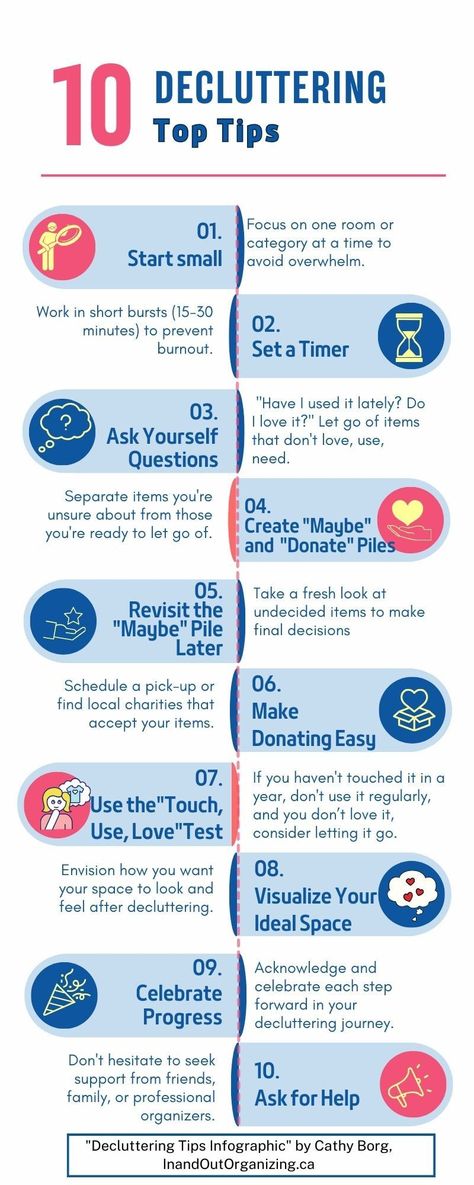 infographic of 10 Top Decluttering Tips Acupressure Points Chart, Decluttering Ideas Minimalism, Ab Positive, Homeowner Checklist, Diy Declutter, Downsizing Tips, Tips For Decluttering, Decluttering Ideas, Professional Organizers