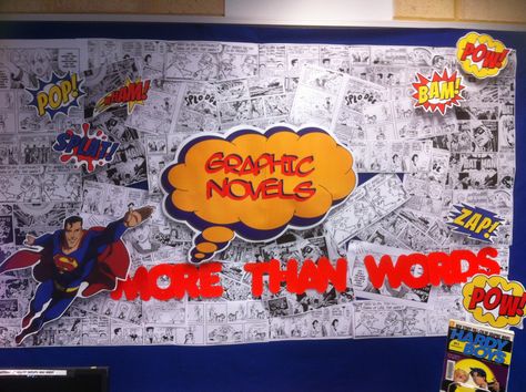 Graphic Novel section Comic Bulletin Board, Comic Book Classroom Theme, Graphic Novel Bulletin Boards, Graphic Novel Display, Graphic Novel Display For Library, Graphic Novel Library Sign, Graphic Novel Library Display, Library Assistant, Comic Book Display