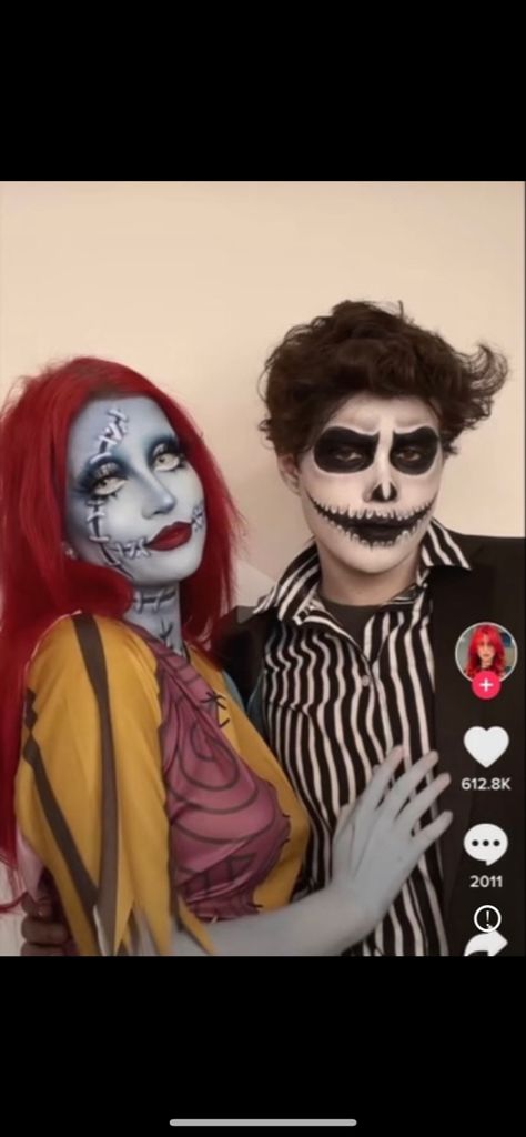 Red Hair Couples Costume, Nightmare Before Christmas Couple Costume, Red Hair Couple Costumes, Halloween Couple Makeup Ideas, Couples Face Paint Halloween, Red Hair Halloween Costumes Couple, Jack Makeup Halloween, Makeup Halloween Pareja, Epic Halloween Costumes Couples