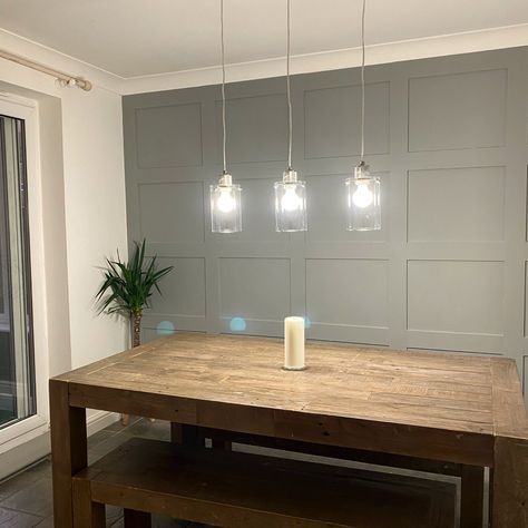 Farrow and ball lamp room grey Panelled Walls In Kitchen, Tiled Dining Room Wall, Panelled Wall Kitchen Diner, Kitchen Diner Panelling Ideas, Panelling In Kitchen Diner, Open Plan Kitchen Living Room Panelling, Kitchen Diner Feature Wall, Panelled Wall Kitchen, Panelling Kitchen Diner