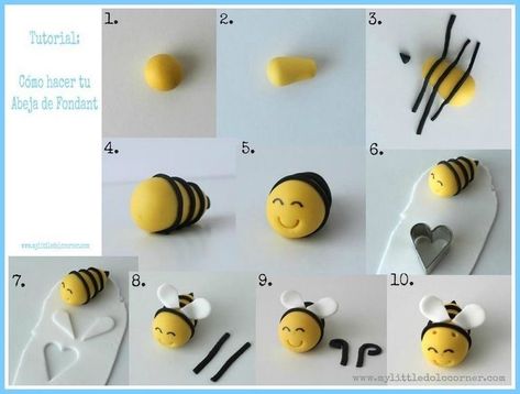 How To Make Fondant Bumble Bees, Fondant Bumble Bee, Fondant Bee Tutorial, Fondant Designs Decoration, Kue Fondant, Γενέθλια Mickey Mouse, Bee Cupcakes, Winnie The Pooh Cake, Bee Cakes