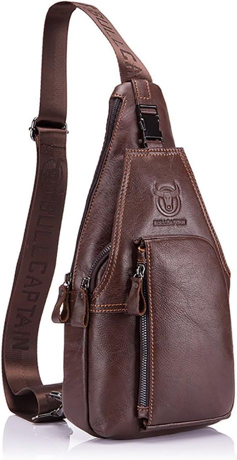 Men Sling Bag, Genuine Leather Chest Shoulder Messenger Bag Casual Crossbody Bag Daypacks Brown Sling Bag Leather, Cute Messenger Bags, Backpack Pattern Sewing, Mini Sling Bag, Ethereal Elegance, Collection Ideas, Casual Crossbody Bag, Backpack Pattern, Leather Sling Bag