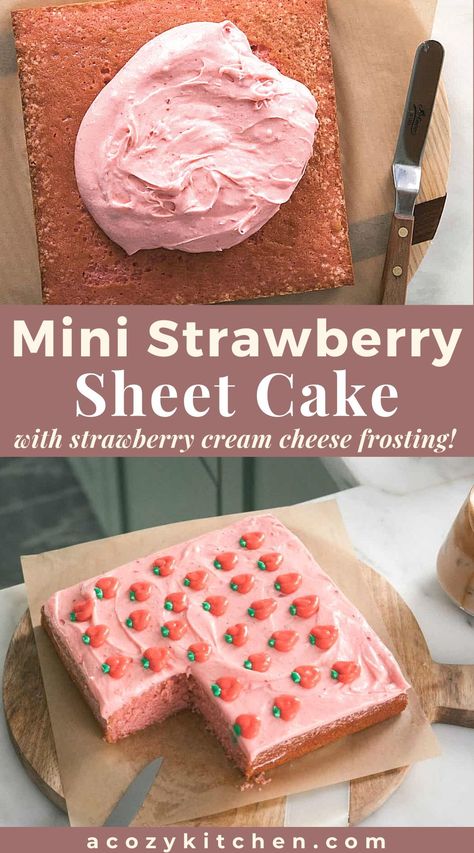 Small Batch Sheet Cake, Strawberry Snack Cake, Small Batch Strawberry Shortcake, Small Strawberry Cake Recipe, Small Batch Birthday Cake, Mini Homemade Cake, Small Batch Strawberry Cupcakes, Small Batch Strawberry Cake, Mini Strawberry Cake Recipe