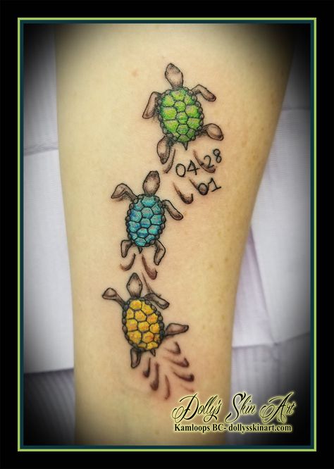 Birthstone coloured turtles for Tracy's children - Dolly's Skin Art Tattoo Kamloops BC Grandchildren Tattoos, Tattoo Colour, Swimming Tattoo, Name Tattoos For Moms, Sea Turtle Tattoo, Turtle Tattoo Designs, Kamloops Bc, Tattoos With Kids Names, Sibling Tattoos