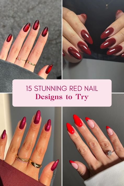 Explore 15 stunning red nail designs with examples ideal for fall and perfect for a chic manicure. This pin features 4 vibrant images showcasing different styles, from sleek glossy finishes to creative black and red combos. Red Lunar New Year Nails, Scarlett Red Nails, Red Chic Nails, Red Nails With Simple Design, Christmas Red Almond Nails, Short Red Almond Acrylic Nails, Red January Nails, Red Nail Designs Almond Shape, Short Coffin Red Nails