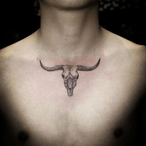 Chest Bull Tattoo, Bull Tattoo On Chest, Bull Skull Tattoo Chest, Bull Tattoo Chest, Cow Skull Chest Tattoo, Bull Neck Tattoo, Ox Skull Tattoo, Bull Skull Tattoo For Men, Bull Tattoo Men