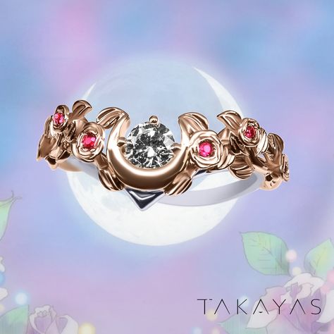 Custom Sailor Moon Inspired Engagement Ring by Takayas Custom Jewelry Sailor Moon Engagement Ring, Space Entity, Sailor Moon Ring, Fantasy Rings, Moon Engagement Ring, Sailor Moon Jewelry, Sailor Moon Wedding, Sailor Moon Inspired, Sailor Moon Merchandise