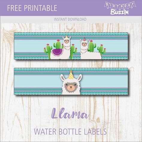 Free Printable Llama water bottle labels | Birthday Buzzin Lama Printable Free, Bottled Drinks, Water Bottle Labels Birthday, Cactus Birthday, Llama Party, Sloth Birthday, Printable Water Bottle Labels, 3 Birthday, Llama Birthday