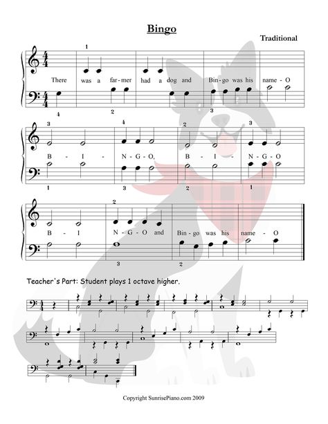 Bingo - Elementary Piano Sheet Music Christmas Music Worksheets, Piano Songs Sheet Music, Free Piano Lessons, Beginner Piano Music, Beginner Piano, Easy Piano Songs, Elementary Music Lessons, Piano Notes, Music Lesson Plans