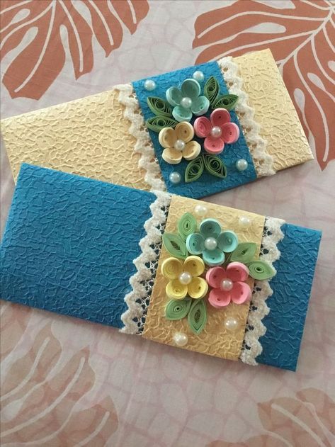 Quilled envelops by me Quiling Envelope Design, Rakhi Envelopes Handmade, Designer Envelopes Creative, Fancy Envelopes Creative, Quilling Envelopes Design, Handmade Envelopes Creative, Rakhi Cards Handmade, Envelope Design Creative Handmade, Rakhi Envelopes