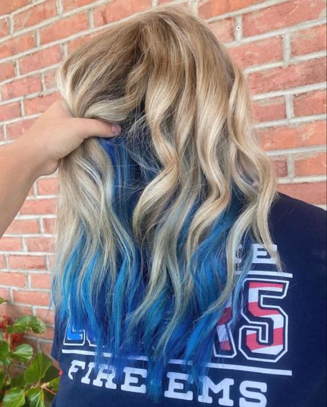 Blonde Hair With Color Underneath Blues, Blue Peak A Boo Hair Blonde, Blond Hair With Blue Peekaboos, Blond Hair With Blue Underneath, Blue Under Blonde Hair, Uncommon Hair Colors, Blue Hair Ideas For Blondes, Blonde Hair With Fashion Colors, Blonde Hair Peekaboo Color