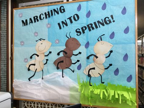 March Into Spring Bulletin Board, Spring Library, Doors Decoration, Pe Bulletin Boards, Middle School Bulletin Boards, Easter Bulletin Boards, March Bulletin Board, School Display, Library Bulletin Board