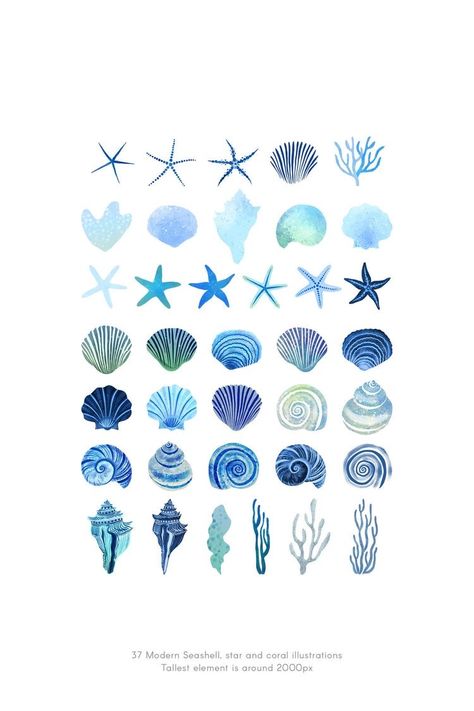 Corals Illustration, Plakat Design Inspiration, Blue Seashells, Ocean Shells, Beach Wall Collage, 달력 디자인, Idee Cricut, Watercolor Ocean, Arte Sketchbook