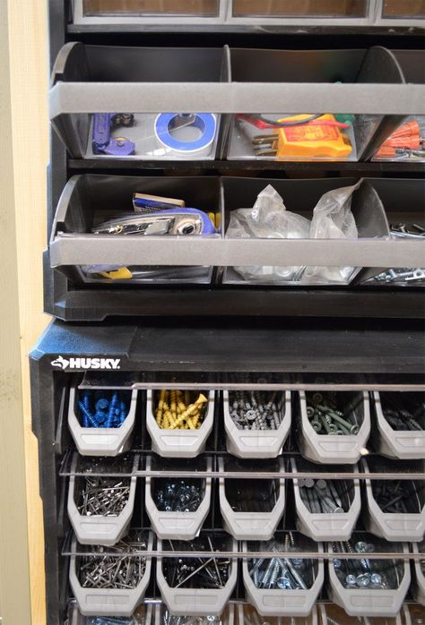 Young House Love | Four Ways We Added Storage and Function To My Beloved Shed | http://www.younghouselove.com Shed Storage Ideas, Nail Organizer, Garage Organization Shelves, Garage Wall Shelving, Garage Organization Systems, Nail Organization, Small Parts Organizer, Garage Storage Ideas, Storage Shed Organization