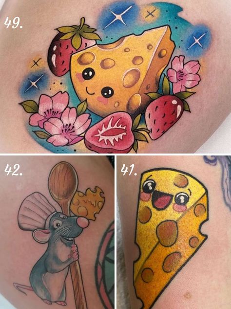 61 Cheese Tattoo for Dairy Lovers - Tattoo Glee Snack Tattoos For Women, Tiny Cheese Tattoo, Queen Cheese Piece Tattoo, Skin Cheese Tattoo, Grilled Cheese Tattoo, Cute Cheese Tattoo, Mac N Cheese Tattoo, Macaroni And Cheese Tattoo, Swiss Cheese Tattoo