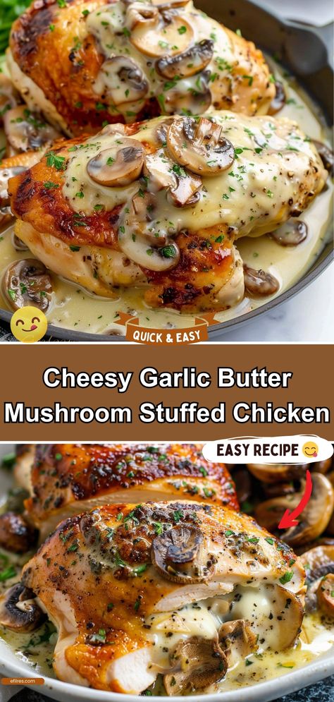 Cheesy Garlic Butter Mushroom Stuffed Chicken Cheesy Garlic Mushroom Stuffed Chicken, Cheesy Garlic Butter Mushroom Chicken, Cheesy Garlic Butter Mushroom Stuffed Chicken, Garlic Butter Mushroom Stuffed Chicken, Mushroom Stuffed Chicken Breast, Mushroom Stuffed Chicken, Red Recipes, Mushroom Stuffed, Garlic Butter Mushrooms